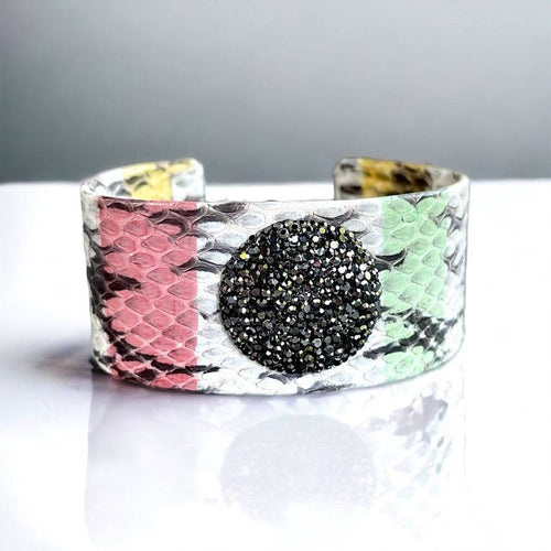 Wide Leather Cuff Bracelet with a Round Rhinestone Accent - Bexa Boutique