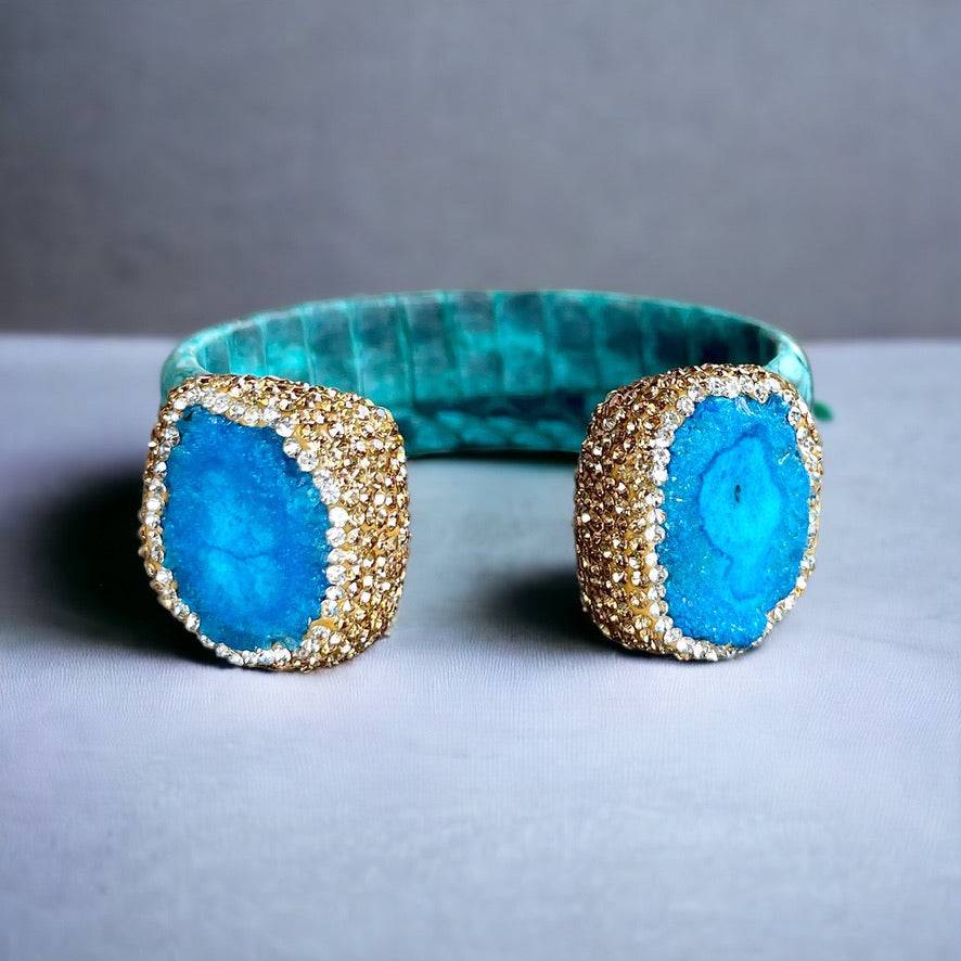 Blue Dyed Raw Crystal Open Cuff Bracelet with Blue Embossed Leather - Bexa Boutique