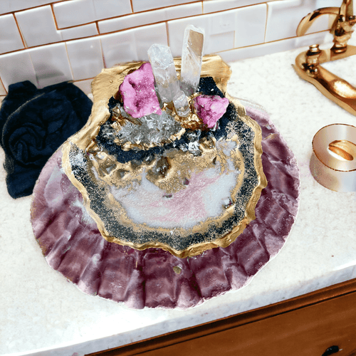XL Lion's Paw Geode Resin Ring Dish - Pink Druzy & Clear Quartz - Pretty Crafty Lady Shop