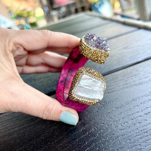 Raw Amethyst and Baroque Pearl Open Cuff Leather Bracelet - Bexa Boutique