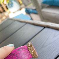 Load image into Gallery viewer, Pink Dyed Raw Crystal Open Cuff Bracelet with Pink Embossed Leather - Bexa Boutique
