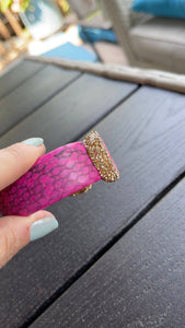 Pink Dyed Raw Crystal Open Cuff Bracelet with Pink Embossed Leather - Bexa Boutique