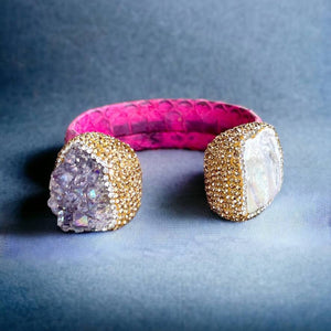 Raw Amethyst and Baroque Pearl Open Cuff Leather Bracelet - Bexa Boutique