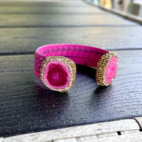 Load image into Gallery viewer, Pink Dyed Raw Crystal Open Cuff Bracelet with Pink Embossed Leather - Bexa Boutique
