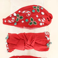 Load image into Gallery viewer, Beaded Mistletoe &amp; Candy Canes Jeweled Knotted Headband-Red - Bexa Boutique
