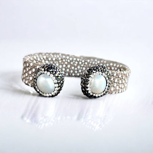 Stingray Light Gray Open Cuff Bracelet with Pearls and Rhinestones - Bexa Boutique