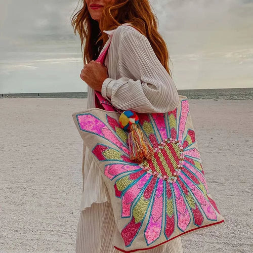 Sequin Beaded Heart Tote Bag with Tassel Pom Pom - Pretty Crafty Lady Shop