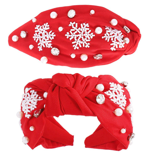 Beaded Snowflakes w/ Rhinestones & Pearls Knotted Headband - Bexa Boutique