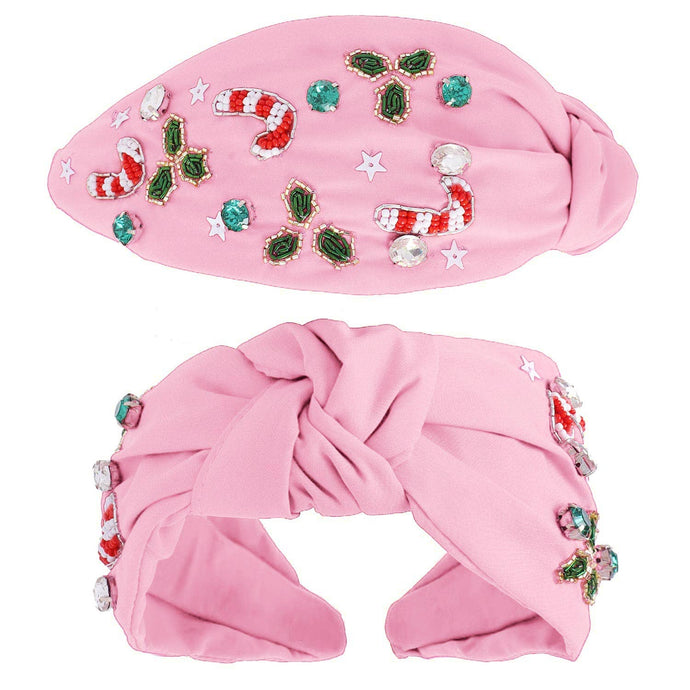 Beaded Mistletoe & Candy Canes Jeweled Knotted Headband - Bexa Boutique