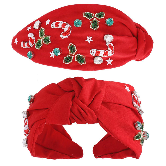 Beaded Mistletoe & Candy Canes Jeweled Knotted Headband - Bexa Boutique